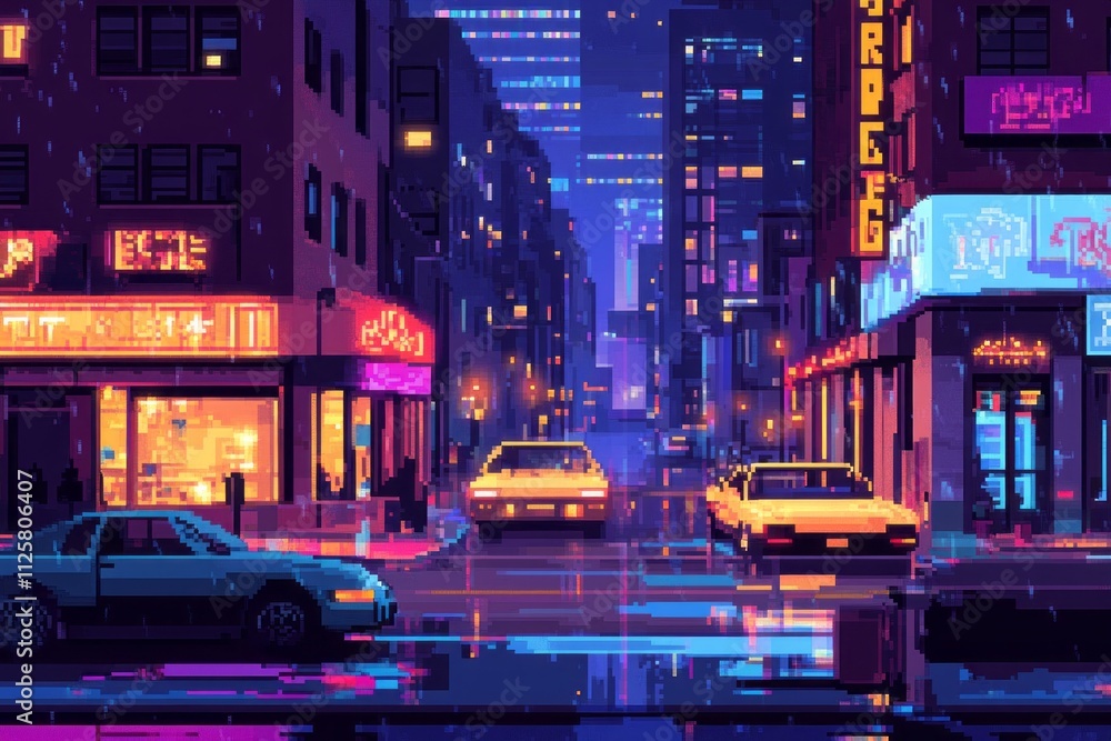 Obraz premium Pixelated urban street scene with 8-bit buildings, pixel cars, streetlights, nighttime setting.Pixelated designs.8-bit pixel art.Retro pixel art.Pixel graphics.Pixel art style.