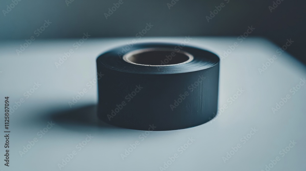 Black tape roll on a light surface, showcasing its smooth texture, practical design, and versatile applications in various crafting and repair tasks, with soft shadows in the background Black tape roll on a light surface, showcasing its smooth texture, practical design, and versatile applications in various crafting and repair tasks, with soft shadows in the background