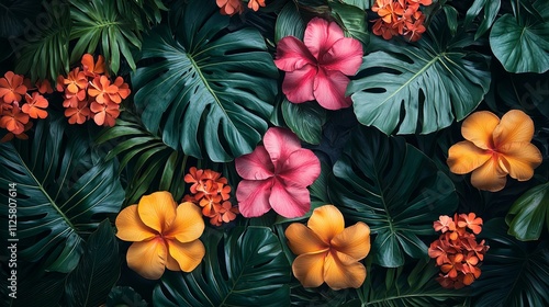 Wallpaper Mural Tropical background, lush foliage, bright flowers, vibrant colors, exotic atmosphere. Torontodigital.ca