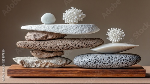 Balanced stones and white abstract forms on wood. photo