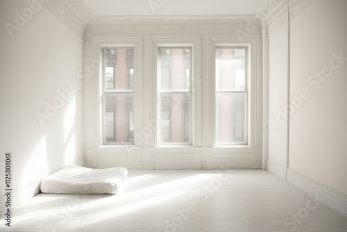 Minimalistic interior design featuring a bright room with natural light streaming through large windows and a single mattress on a white floor  showcasing simplicity and tranquility