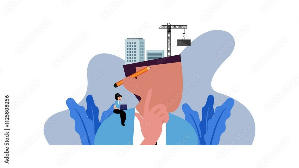 Creative thinking and construction planning concept illustration with elements of architecture, engineering, and brainstorming cartoon animation Creative thinking and construction planning concept illustration with elements of architecture, engineering, and brainstorming cartoon animation