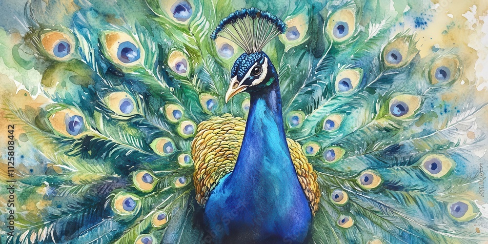 Obraz premium A vibrant watercolor painting of a peacock displaying its colorful feathers.
