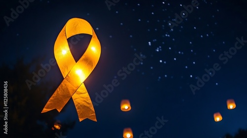 Glowing Ribbon-Shaped Lantern Released into the Night Sky,Symbolizing Hope and Remembrance photo