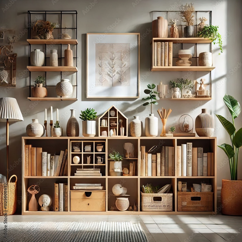A high-angle shot of a neatly organized bookshelf with a few open books, decorative items like candles and a vase, and a few plants, creating a cozy and inviting atmosphere A high-angle shot of a neatly organized bookshelf with a few open books, decorative items like candles and a vase, and a few plants, creating a cozy and inviting atmosphere