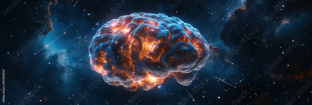 A vibrant cosmic brain made of stars and galaxies floats in deep space, surrounded by shimmering celestial elements, inviting imagination. Generative AI A vibrant cosmic brain made of stars and galaxies floats in deep space, surrounded by shimmering celestial elements, inviting imagination. Generative AI