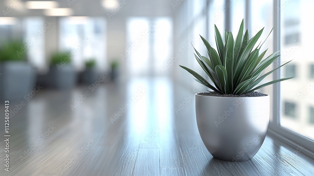 Modern office plant in silver pot on windowsill. Modern office plant in silver pot on windowsill.