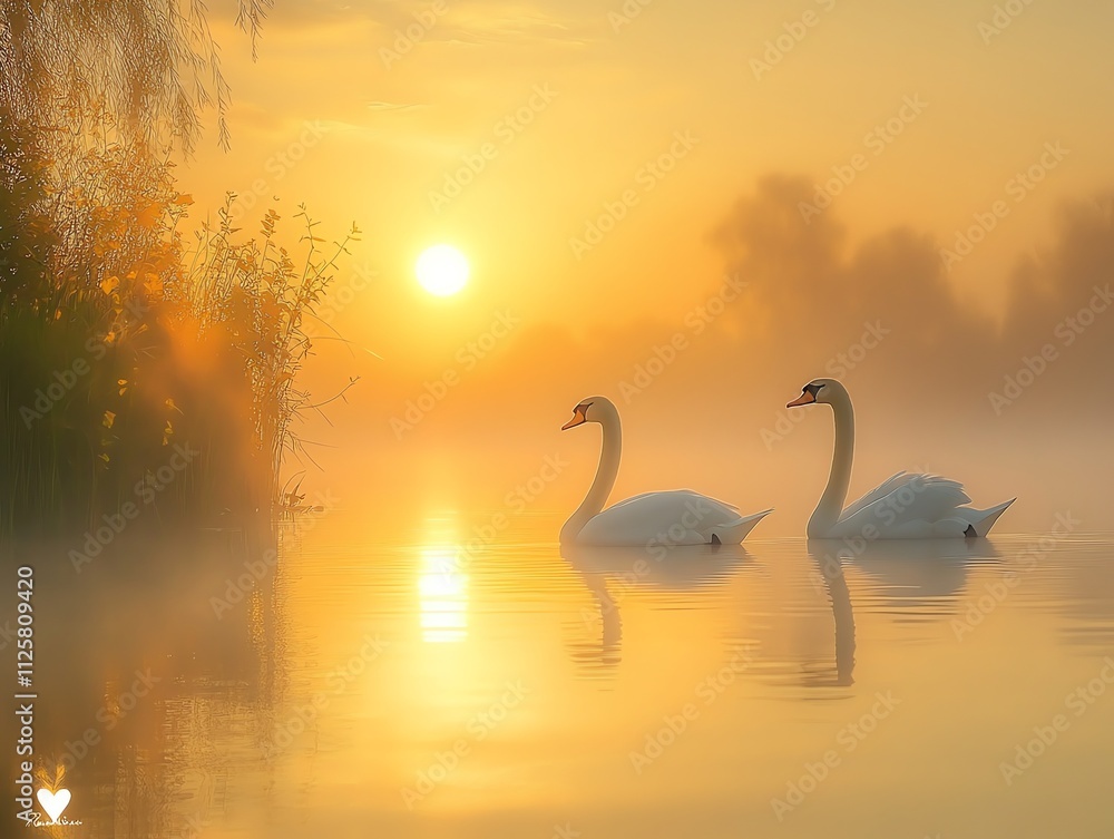 Fototapeta premium Serene sunset with swans gliding on a misty lake, creating a tranquil atmosphere.