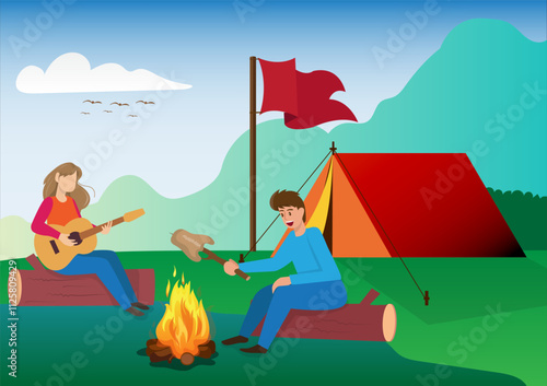 young couples going out and camping on summer vacation vector illustration