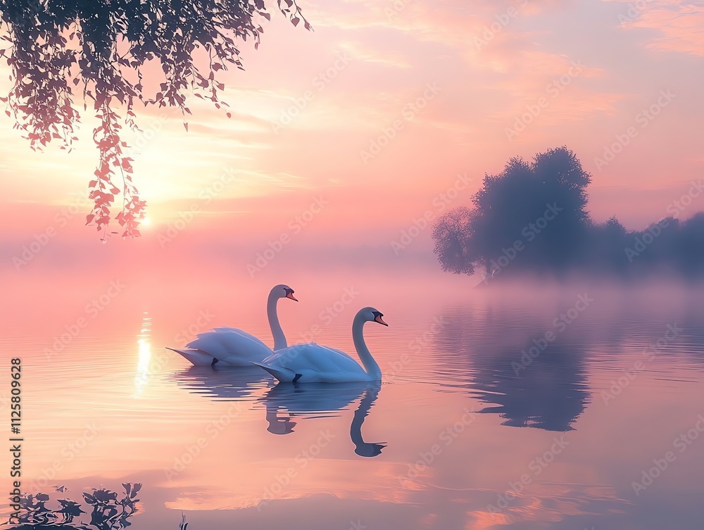 Fototapeta premium Serene swans glide across a misty lake at sunrise, creating a tranquil atmosphere.
