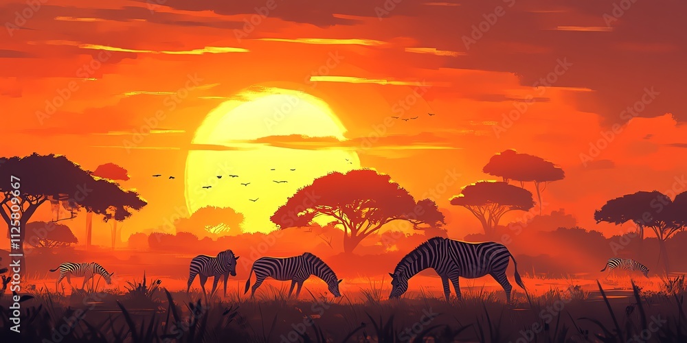 A vibrant sunset scene featuring zebras in a savanna landscape. A vibrant sunset scene featuring zebras in a savanna landscape.