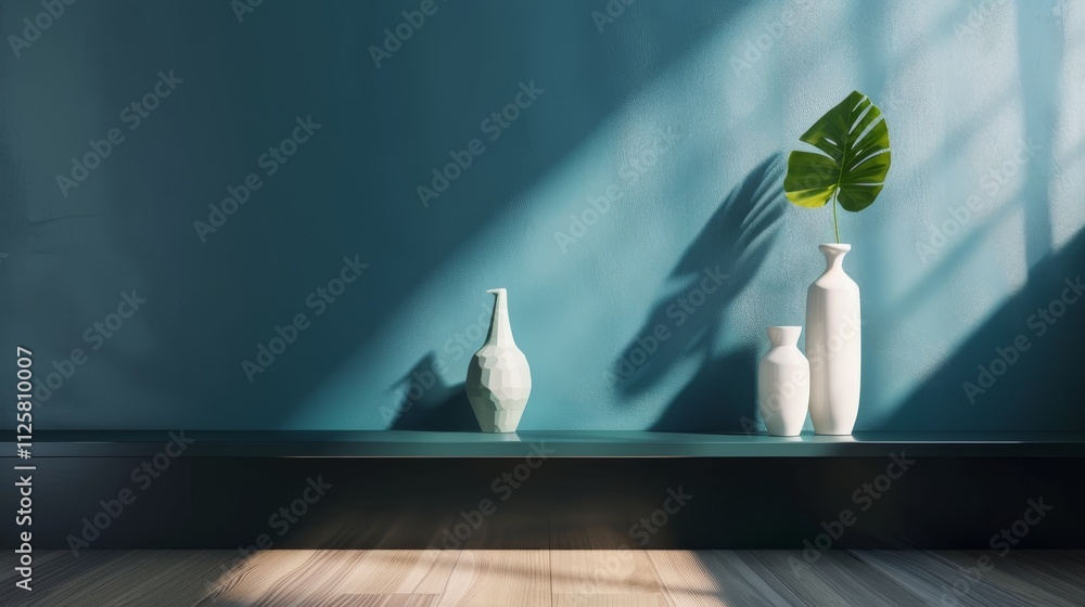 A modern room with a dark navy blue wall, light oak floors A modern room with a dark navy blue wall, light oak floors