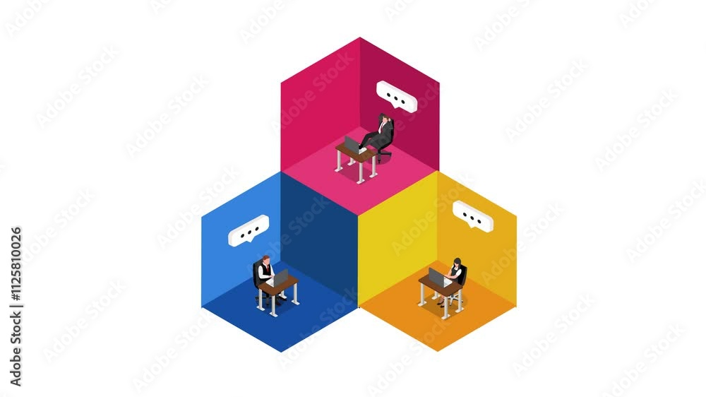 Remote Office Communication with Employees in Cubes 3d animation cartoon Remote Office Communication with Employees in Cubes 3d animation cartoon
