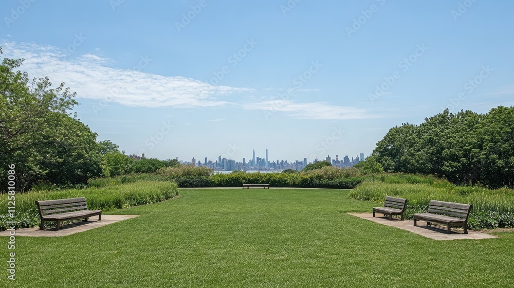 Naklejka premium Serene Park with Benches Overlooking Urban City Skyline