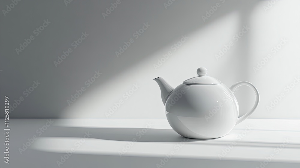 Elegant White Teapot with Shadows on Minimalist Background Elegant White Teapot with Shadows on Minimalist Background