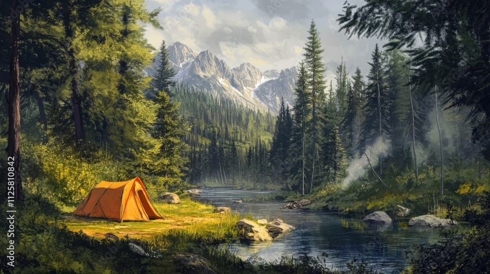 Orange tent by river in mountain forest. Orange tent by river in mountain forest.
