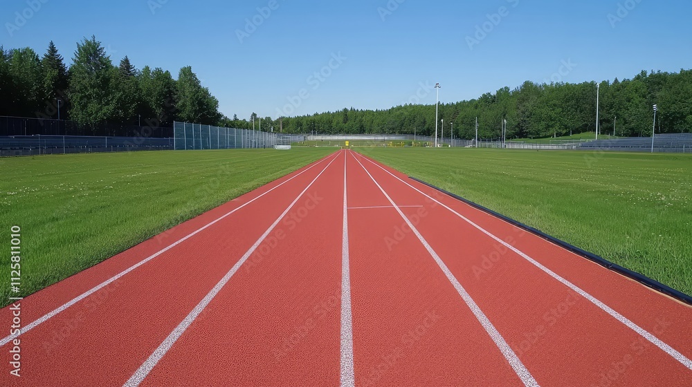 Fototapeta premium Bright Sunny Day on an Empty Athletic Track with Lush Green Grass