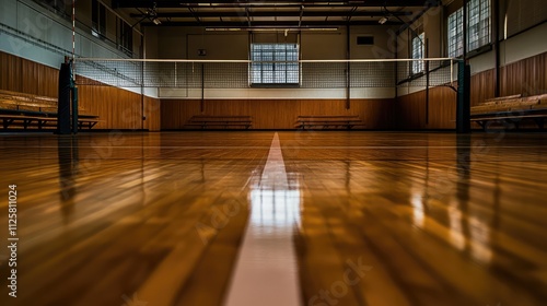 Indoor Volleyball Court with Wooden Floor and Net in Sports Hall