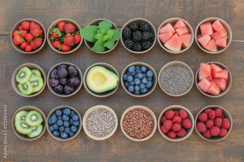 Flat lay of various fresh fruits, berries, and seeds in small bowls on a wooden surface. Flat lay of various fresh fruits, berries, and seeds in small bowls on a wooden surface.