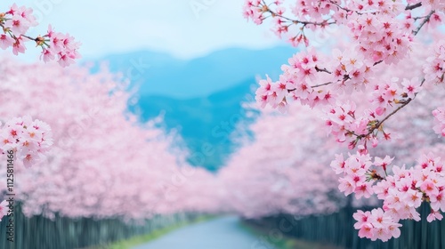 Vibrant Cherry Blossom Trees Framing Serene Pathway in Spring photo