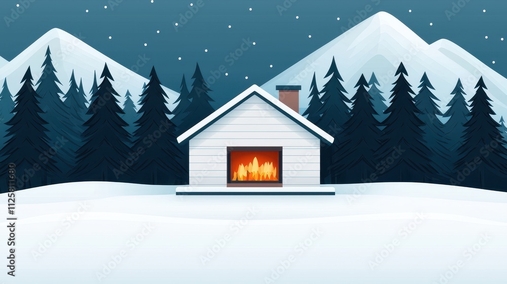 Fototapeta premium Cozy Winter Cabin Surrounded by Snowy Mountains and Pine Trees