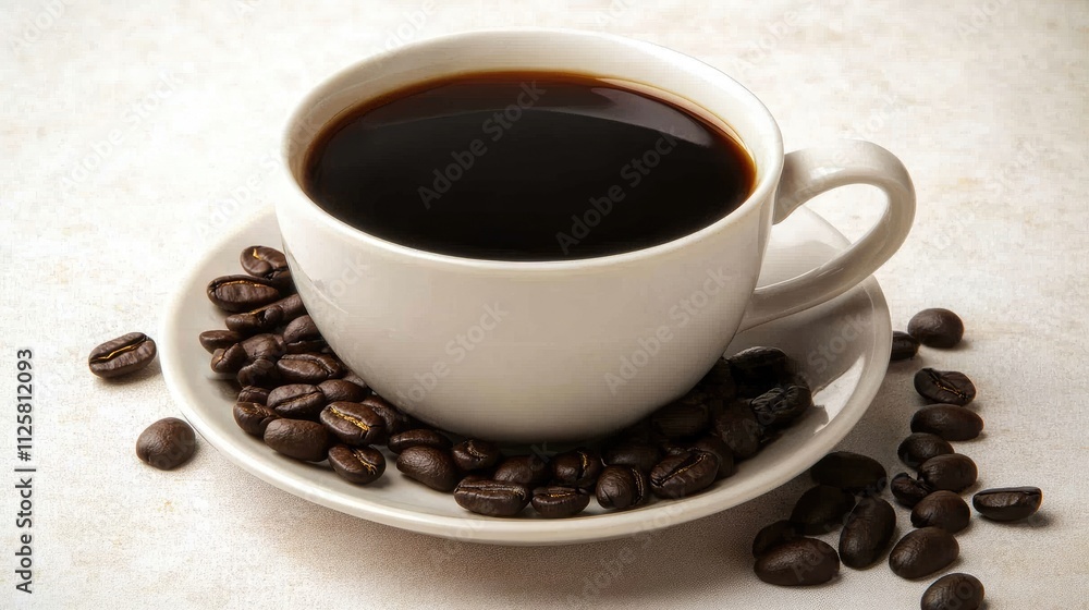 Freshly Brewed Coffee Cup Surrounded by Aromatic Coffee Beans Freshly Brewed Coffee Cup Surrounded by Aromatic Coffee Beans