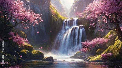 Serene Waterfall Cascading Through a Blossom-Filled Gorge