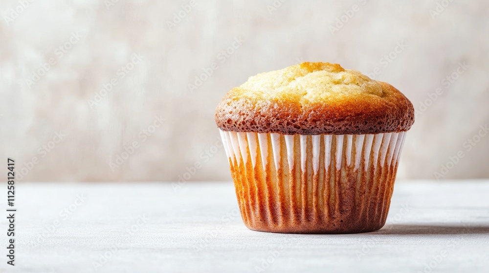 Freshly Baked Golden Muffin on Light Background in Morning Light Freshly Baked Golden Muffin on Light Background in Morning Light