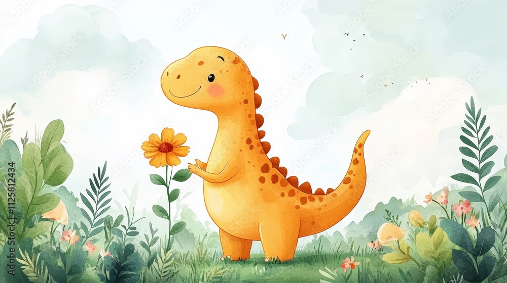 Naklejka premium Cute yellow dinosaur holding a colorful flower in a grassy field, flat illustration in watercolor style with minimal details, simple background, no shadows, and a cute cartoon design, vector clipart.