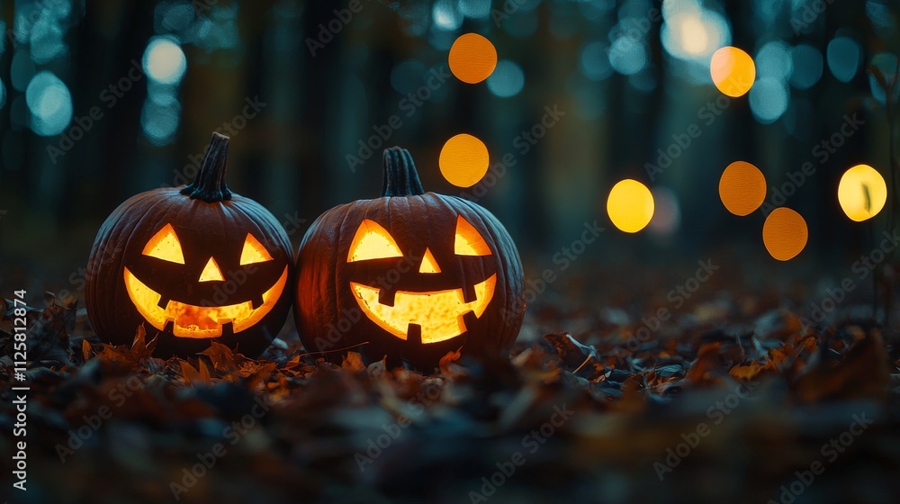 Two glowing jack-o'-lanterns in a forest at dusk. Two glowing jack-o'-lanterns in a forest at dusk.