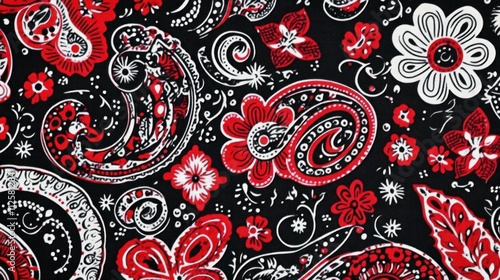 A classic bandana paisley pattern in red, black, and white, with intricate floral and swirl details.