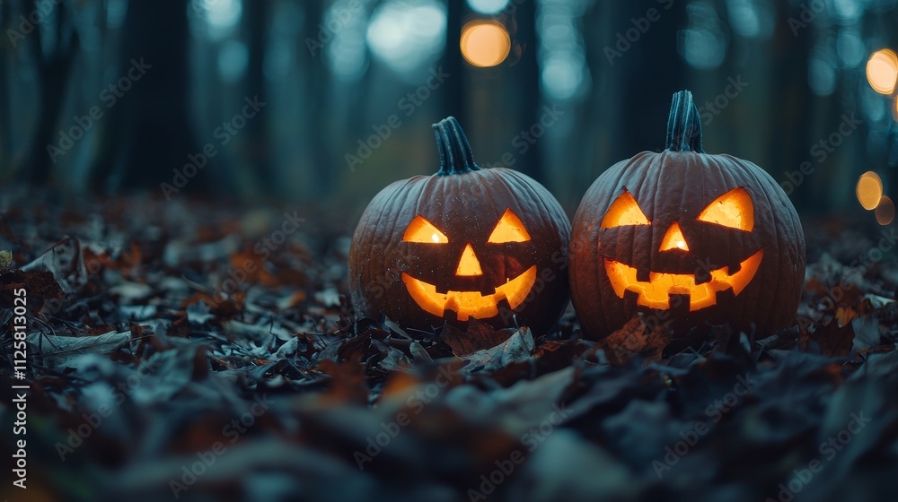 Two glowing jack-o'-lanterns in a forest at dusk. Two glowing jack-o'-lanterns in a forest at dusk.