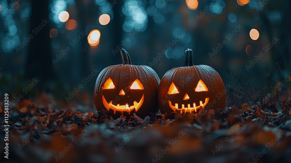 Two glowing jack-o'-lanterns in a forest at dusk. Two glowing jack-o'-lanterns in a forest at dusk.