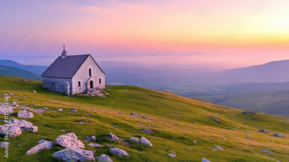 Peaceful Sunrise Over Rustic Stone Chapel on Serene Green Hills Peaceful Sunrise Over Rustic Stone Chapel on Serene Green Hills