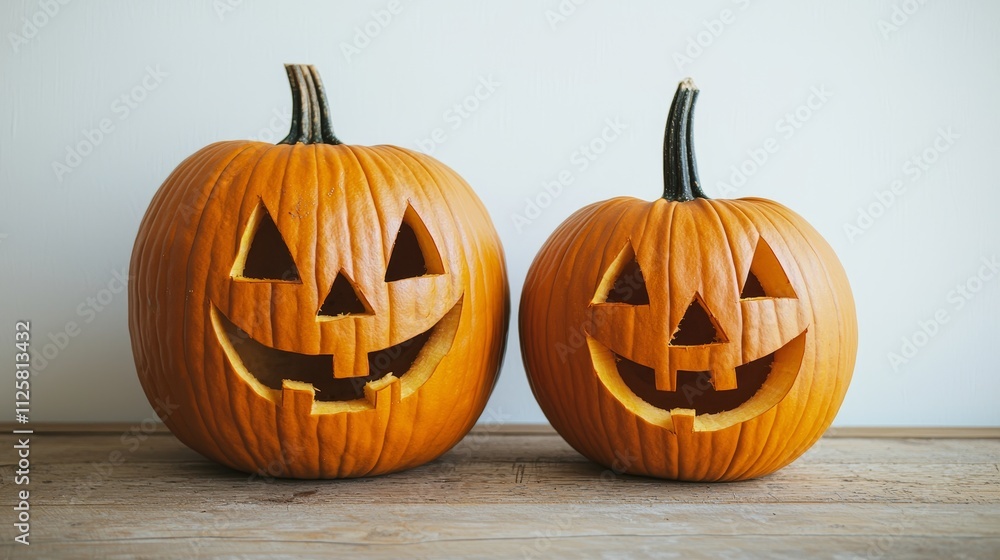 Two carved jack-o'-lanterns on a wooden table. Two carved jack-o'-lanterns on a wooden table.