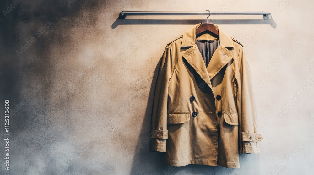 Fototapeta premium Stylish Beige Trench Coat Hanging on a Wall in an Elegant Setting