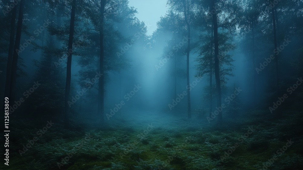 Naklejka premium Mysterious Misty Forest with Tall Trees and Dense Fog Coverage