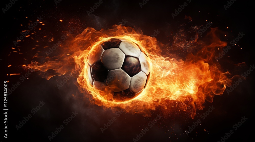Fototapeta premium Fiery Soccer Ball Entering the Goal with Explosive Motion in Dark Stadium