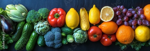 Panel kuchenny z motywem Colorful arrangement of fresh fruits and vegetables on a dark background.
