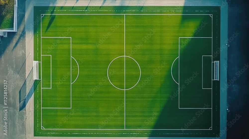 Aerial View of a Green Soccer Field with Clear White Markings Aerial View of a Green Soccer Field with Clear White Markings