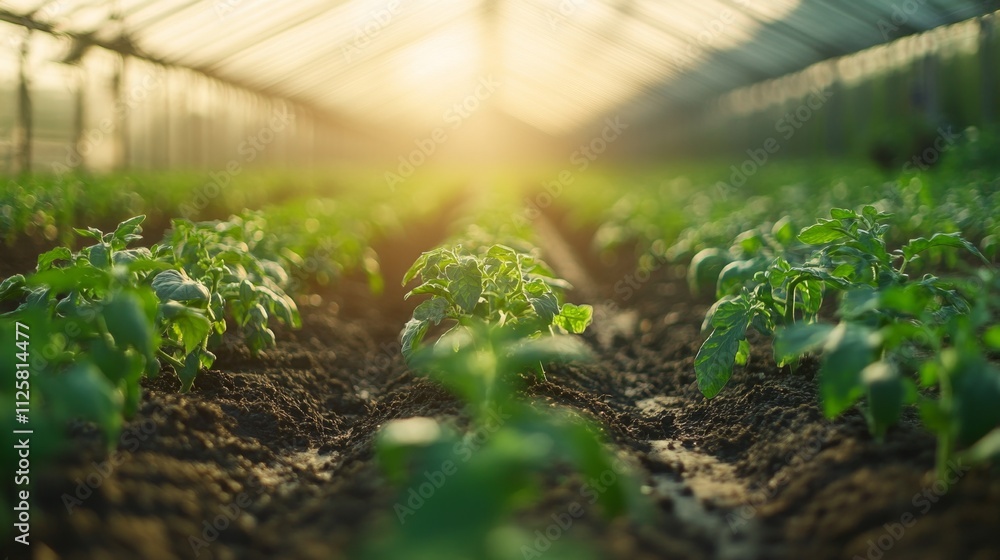 Long rows of ripe tomatoes growing in a modern greenhouse with an automatic irrigation system, showcasing healthy produce and sustainable agriculture, ideal for farming and agricultural concepts. Long rows of ripe tomatoes growing in a modern greenhouse with an automatic irrigation system, showcasing healthy produce and sustainable agriculture, ideal for farming and agricultural concepts.