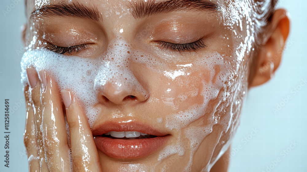 A beautiful woman with clear and fresh skin, washing her face with water on a white background A beautiful woman with clear and fresh skin, washing her face with water on a white background