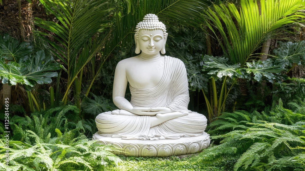 Serene Buddha Statue Surrounded by Lush Tropical Foliage Serene Buddha Statue Surrounded by Lush Tropical Foliage