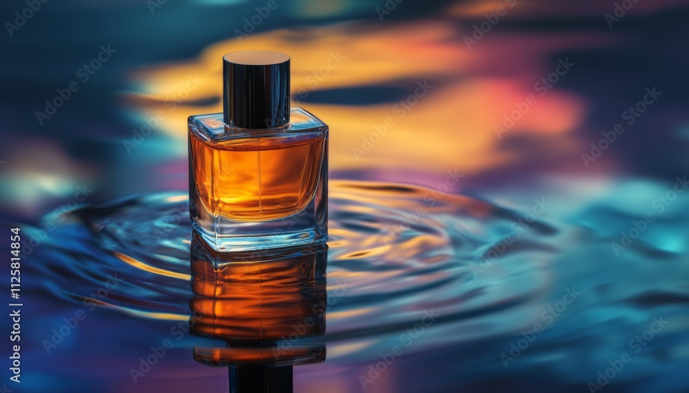 Fragrant liquid in a glass bottle creates ripples while mirroring vibrant colors at night Fragrant liquid in a glass bottle creates ripples while mirroring vibrant colors at night