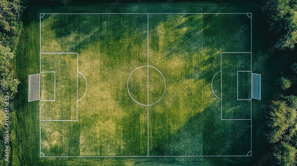 Aerial View of Empty Soccer Field Surrounded by Lush Greenery