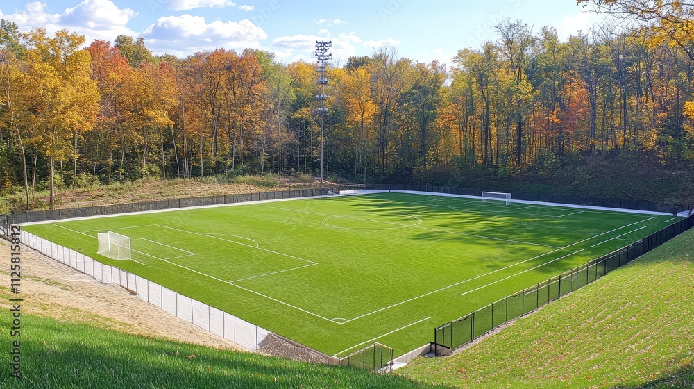 Scenic Autumn View of an Empty Soccer Field Surrounded by Trees Scenic Autumn View of an Empty Soccer Field Surrounded by Trees