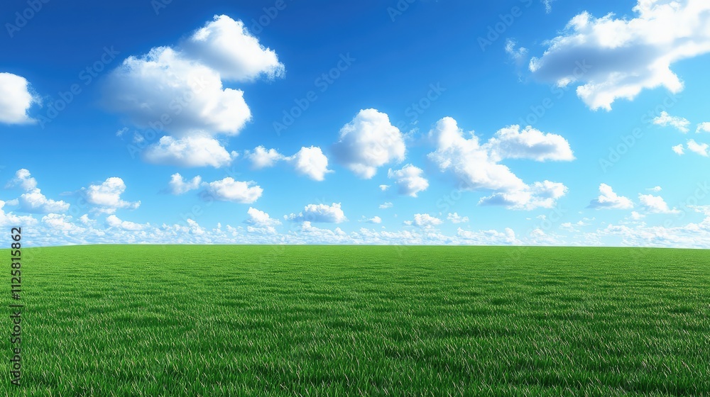 Lush Green Grassland Under Blue Sky and Fluffy White Clouds Lush Green Grassland Under Blue Sky and Fluffy White Clouds