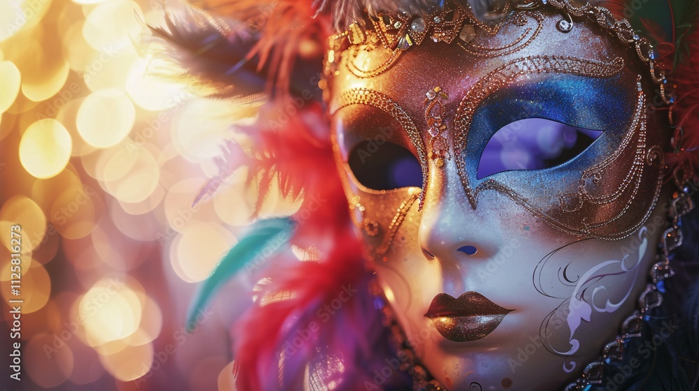 Beautiful carnival mask with feathers and sparkles on bokeh background with copy space. Beautiful carnival mask with feathers and sparkles on bokeh background with copy space.