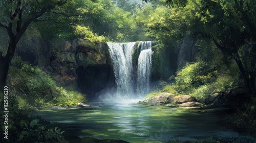 Serene Waterfall in Lush Forest: A Digital Painting of Tranquility