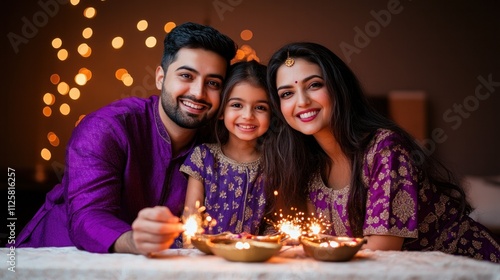 Happy family celebrating Diwali together with sparklers and traditional diya lamps, symbolizing joy, culture, and festive traditions